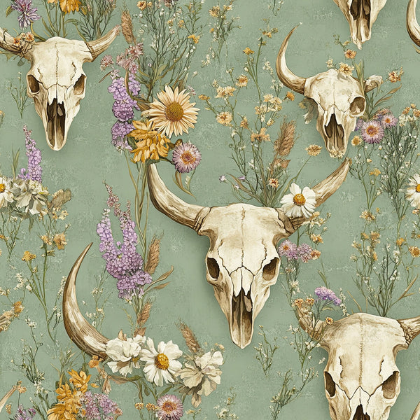 sage green, cream, purple, yellow, animal skulls, cow skulls, horns, wildflowers, daisies, lavender, western pattern, boho style, rustic design,, fabric panel, floral motifs, southwestern theme, vintage illustration, prairie flowers, bohemian aesthetic