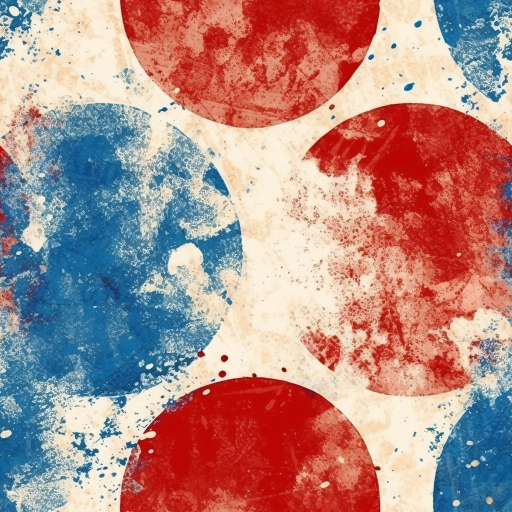 red, white, blue, distressed texture, weathered circles, patriotic colors, vintage finish, geometric circles, abstract pattern, faded appearance, rustic style,, fabric panel, americana theme, worn effect, textured surface, circular motifs, grunge finish, crafting material