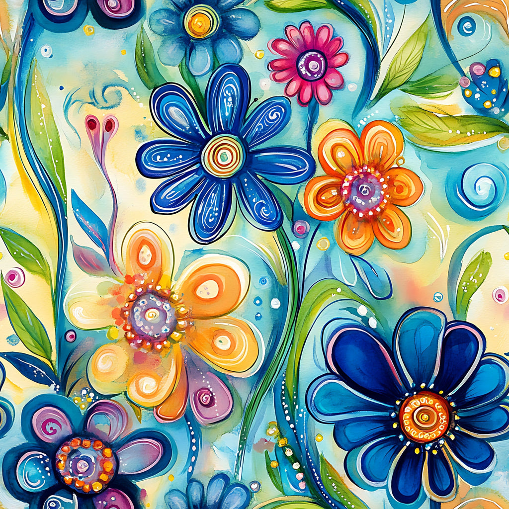 vibrant blue, orange blooms, turquoise background, abstract flowers, swirling patterns, watercolor style, decorative petals, green leaves, purple accents, pink florals, artistic design, whimsical mood,, fabric panel, contemporary art, flowing stems, circular motifs, botanical pattern, bright colors, modern floral