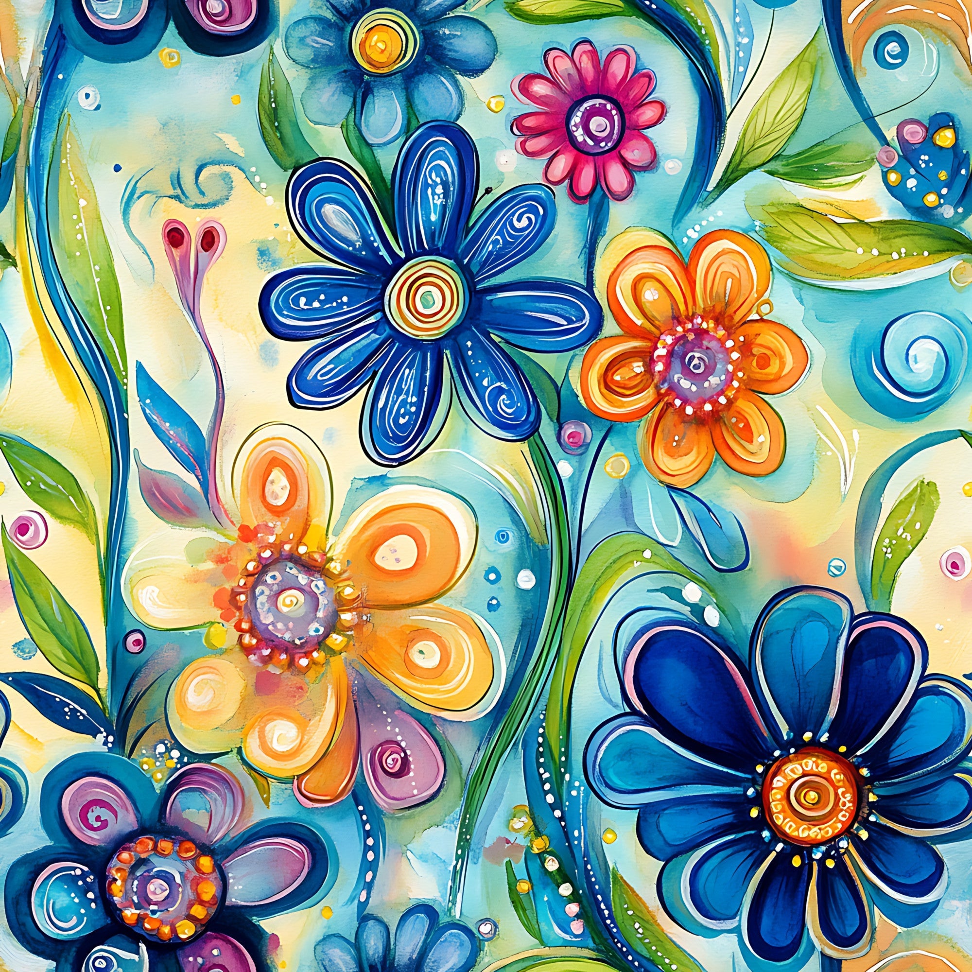 vibrant blue, orange blooms, turquoise background, abstract flowers, swirling patterns, watercolor style, decorative petals, green leaves, purple accents, pink florals, artistic design, whimsical mood,, fabric panel, contemporary art, flowing stems, circular motifs, botanical pattern, bright colors, modern floral