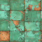 turquoise, copper, rust, patina, weathered metal, oxidized surface, vintage texture, distressed panels, aged copper, verdigris, rustic squares, corroded metal, antique finish,, fabric panel, industrial texture, metallic effect, tarnished surface, geometric blocks