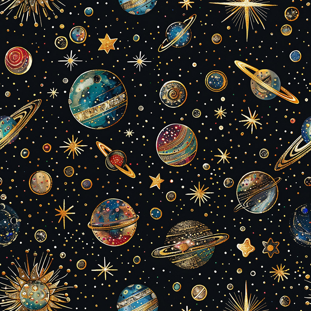black background, gold accents, navy blue, teal, burgundy, cosmic pattern, planets, stars, celestial bodies, rings, starbursts, space theme, astronomy, galaxy,, fabric panel, scattered design, metallic details, night sky, universe motif