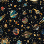 black background, gold accents, navy blue, teal, burgundy, cosmic pattern, planets, stars, celestial bodies, rings, starbursts, space theme, astronomy, galaxy,, fabric panel, scattered design, metallic details, night sky, universe motif