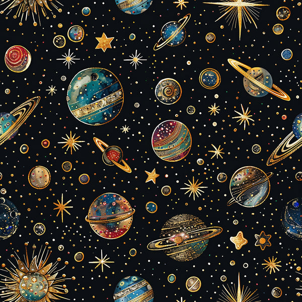 black background, gold accents, navy blue, teal, burgundy, cosmic pattern, planets, stars, celestial bodies, rings, starbursts, space theme, astronomy, galaxy,, fabric panel, scattered design, metallic details, night sky, universe motif