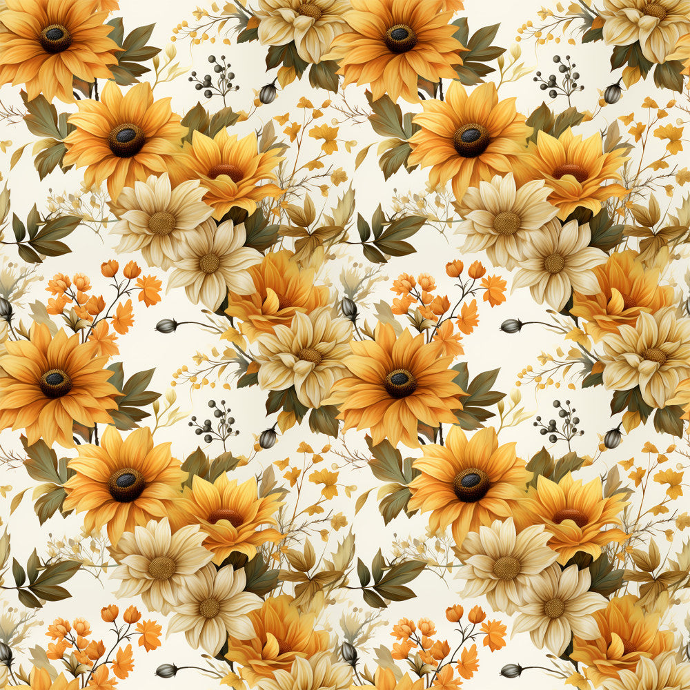 sunflower, golden yellow, cream, beige, olive green, charcoal, floral, botanical, nature, vintage, rustic, autumn, fall, farmhouse, elegant, whimsical, sunflowers, daisies, wildflowers, seed pods, leaves, garden, cottage core, traditional, warm tones, harvest, seasonal, home decor, nursery, bedroom