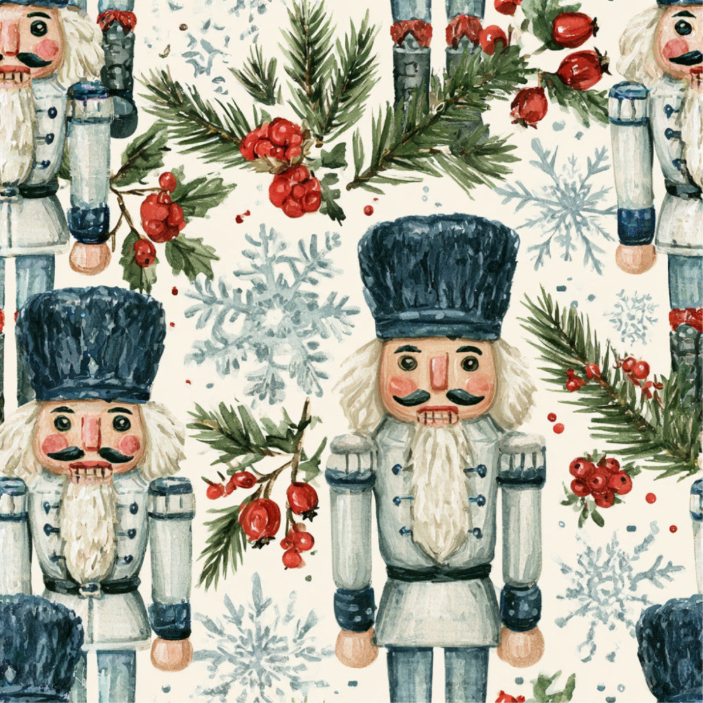 nutcracker, holiday, christmas, festive, traditional, whimsical, vintage, cream, navy blue, red, sage green, blue-gray, folk art, nostalgic, winter, evergreen branches, berries, snowflakes, wooden toy soldiers, beards, top hats, children's, kids room, playroom, nursery, classic christmas, european, scandinavian inspired, decorative, seasonal