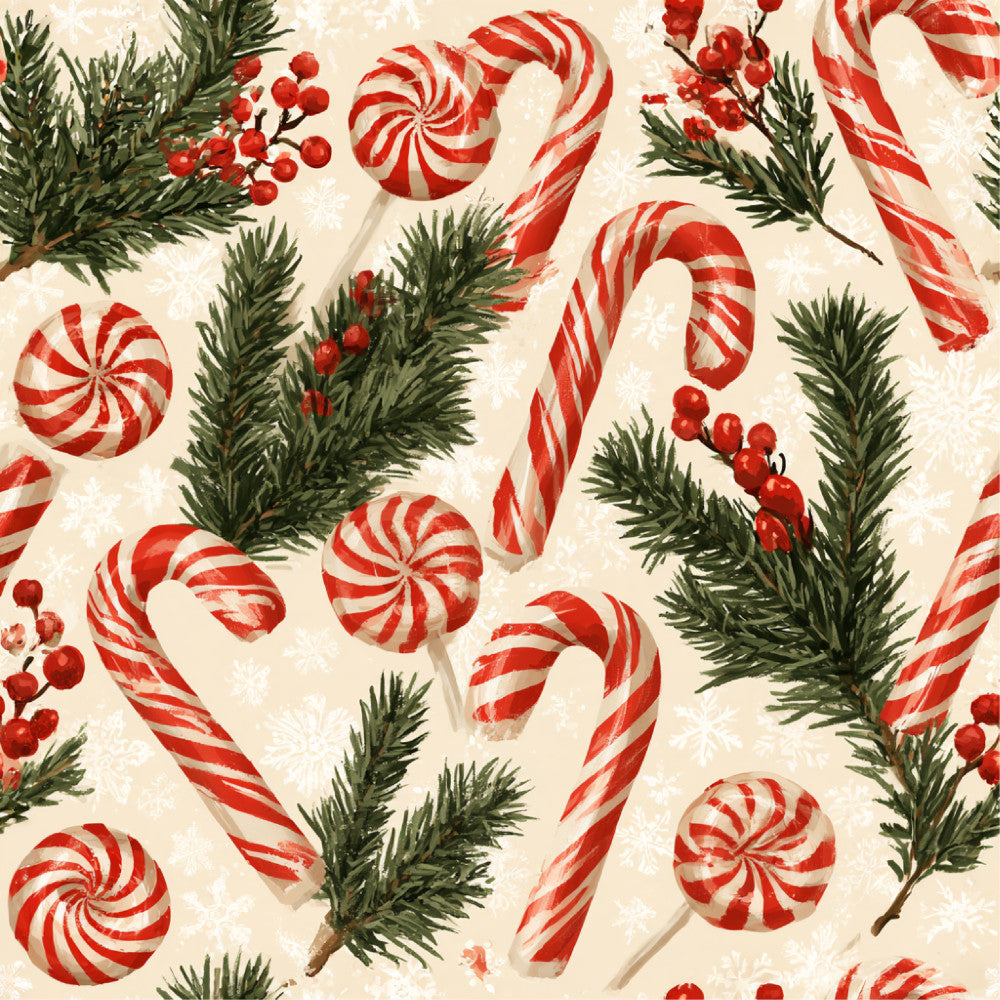 candy cane, peppermint, red and white striped, evergreen, holly berries, pinecone, christmas, holiday, festive, vintage christmas, retro, whimsical, nostalgic, cream background, forest green, bright red, lollipop, winter, seasonal, traditional, classic, children, kids, playroom, nursery, candy themed, striped pattern, botanical, nature inspired