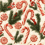 candy cane, peppermint, red and white striped, evergreen, holly berries, pinecone, christmas, holiday, festive, vintage christmas, retro, whimsical, nostalgic, cream background, forest green, bright red, lollipop, winter, seasonal, traditional, classic, children, kids, playroom, nursery, candy themed, striped pattern, botanical, nature inspired