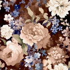 cream peony, dusty blue, deep brown, ivory, pale pink, lavender, dark navy, floral, botanical, vintage, romantic, elegant, traditional, peonies, roses, small flowers, delicate blooms, garden flowers, nature, spring, summer, classic, timeless, feminine, sophisticated, multi-floral, layered flowers, cottage core, botanical garden, heirloom