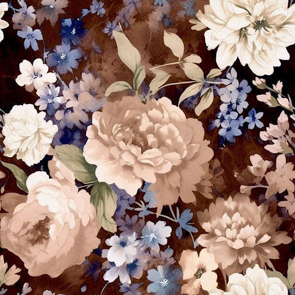 cream peony, dusty blue, deep brown, ivory, pale pink, lavender, dark navy, floral, botanical, vintage, romantic, elegant, traditional, peonies, roses, small flowers, delicate blooms, garden flowers, nature, spring, summer, classic, timeless, feminine, sophisticated, multi-floral, layered flowers, cottage core, botanical garden, heirloom