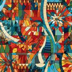 mosaic art, stained glass, geometric pattern, abstract design, vibrant colors, red, orange, blue, turquoise, yellow, green, colorful fragments, angular shapes, kaleidoscope effect, contemporary art,, fabric panel, modern aesthetic, artistic motif, multicolored