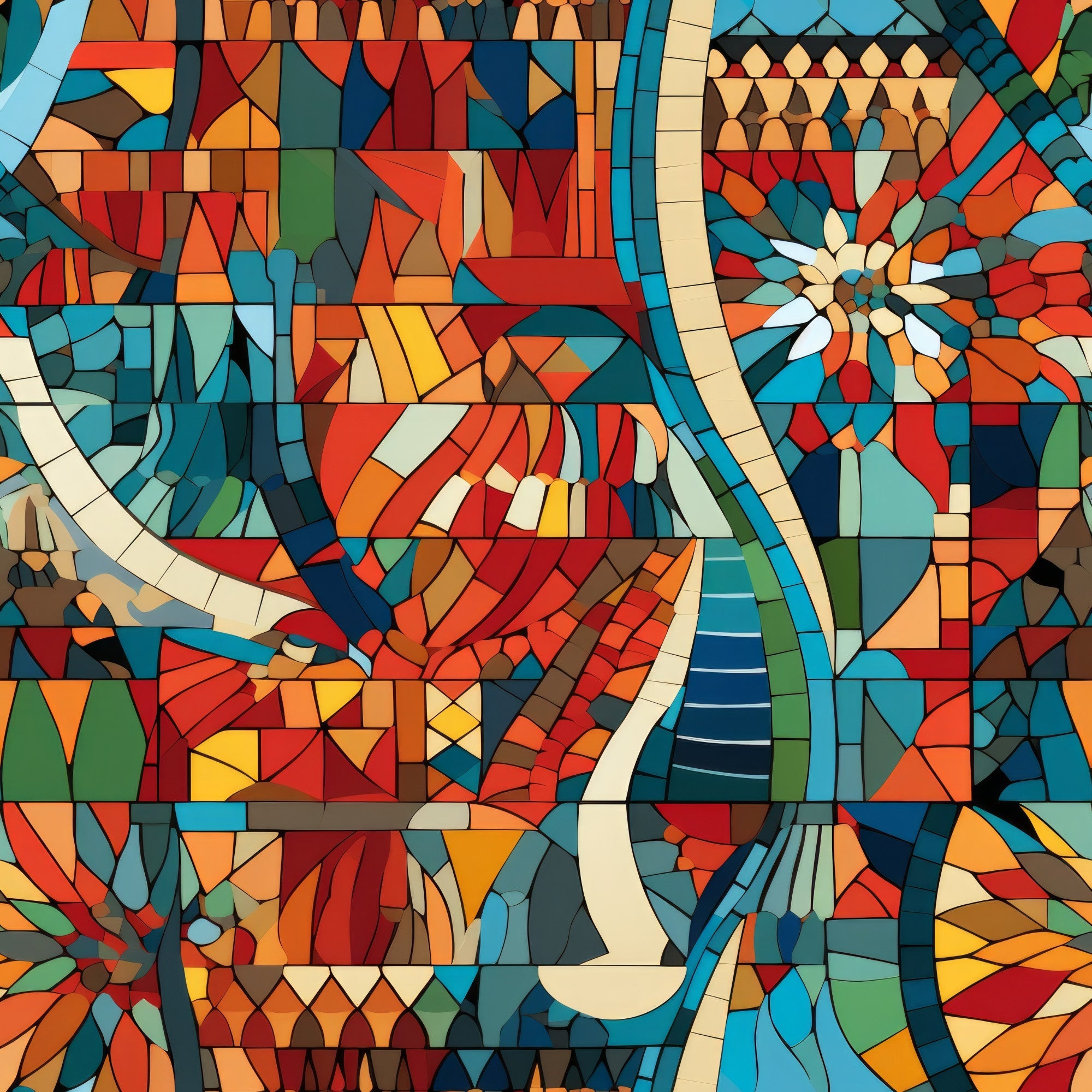 mosaic art, stained glass, geometric pattern, abstract design, vibrant colors, red, orange, blue, turquoise, yellow, green, colorful fragments, angular shapes, kaleidoscope effect, contemporary art,, fabric panel, modern aesthetic, artistic motif, multicolored