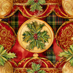 red, green, gold, christmas, holly leaves, berries, ornate scrollwork, baroque flourishes, plaid background, tartan,, fabric panel, holiday motif, decorative medallions, winter foliage, festive colors, ornamental design, seasonal fabric, circular motifs, elegant swirls