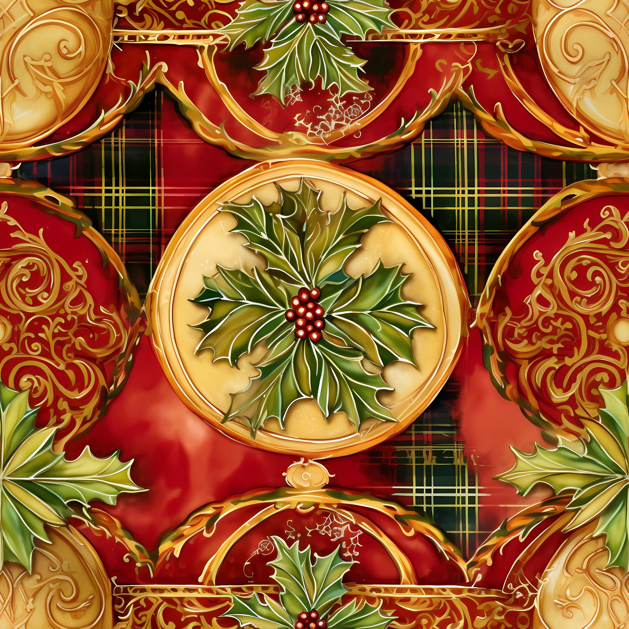 red, green, gold, christmas, holly leaves, berries, ornate scrollwork, baroque flourishes, plaid background, tartan,, fabric panel, holiday motif, decorative medallions, winter foliage, festive colors, ornamental design, seasonal fabric, circular motifs, elegant swirls