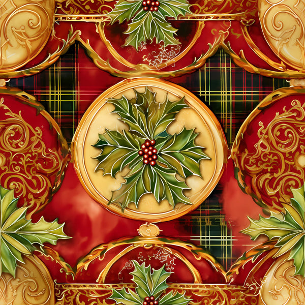 red, green, gold, christmas, holly leaves, berries, ornate scrollwork, baroque flourishes, plaid background, tartan,, fabric panel, holiday motif, decorative medallions, winter foliage, festive colors, ornamental design, seasonal fabric, circular motifs, elegant swirls
