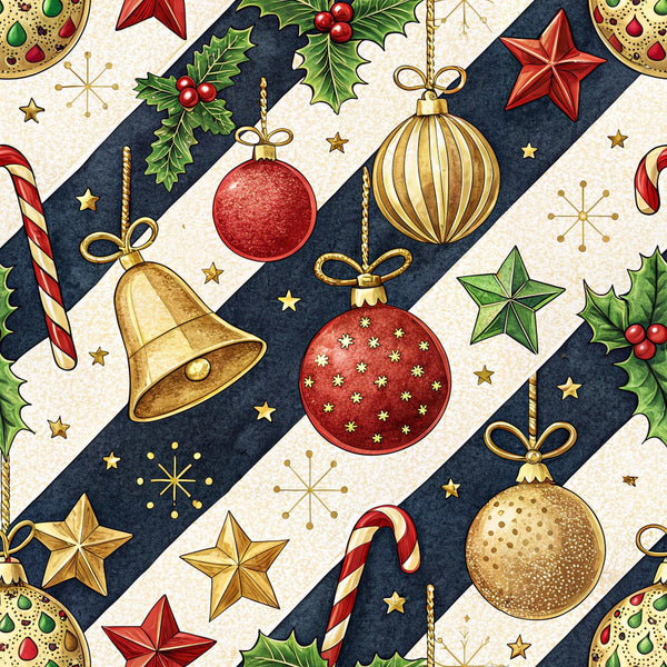 christmas ornaments, red baubles, gold ornaments, navy blue stripes, cream background, holly leaves, red berries, candy canes, golden bells, christmas stars, festive pattern, holiday motifs,, fabric panel, seasonal design, winter theme, decorative ornaments, green holly, striped layout, christmas crafting