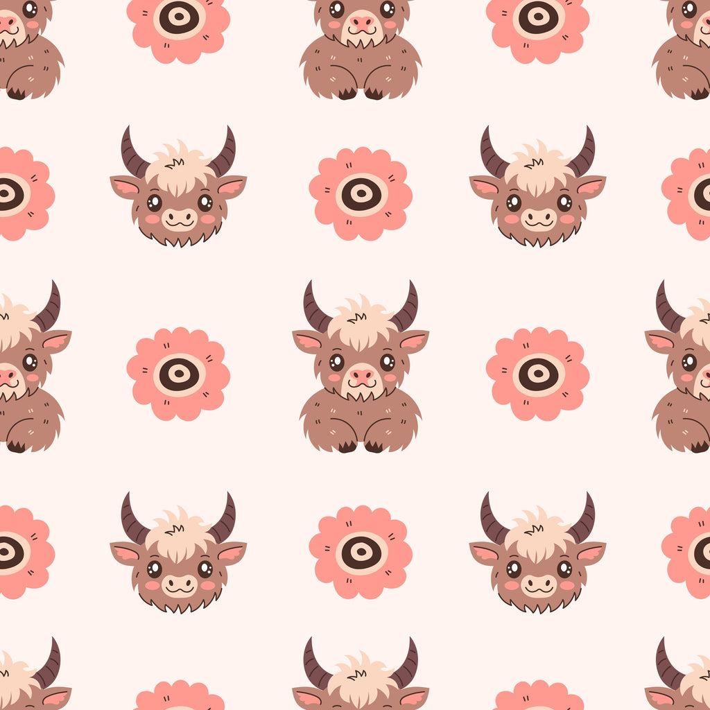 cute baby highland cows, kawaii style, brown cows, pink flowers, cream background, pastel colors, cartoon animals, adorable faces, horned cattle, repeating pattern,, fabric panel, nursery theme, farm animals, soft colors, whimsical design, child-friendly, seamless repeat, bovine characters