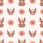 cute baby highland cows, kawaii style, brown cows, pink flowers, cream background, pastel colors, cartoon animals, adorable faces, horned cattle, repeating pattern,, fabric panel, nursery theme, farm animals, soft colors, whimsical design, child-friendly, seamless repeat, bovine characters
