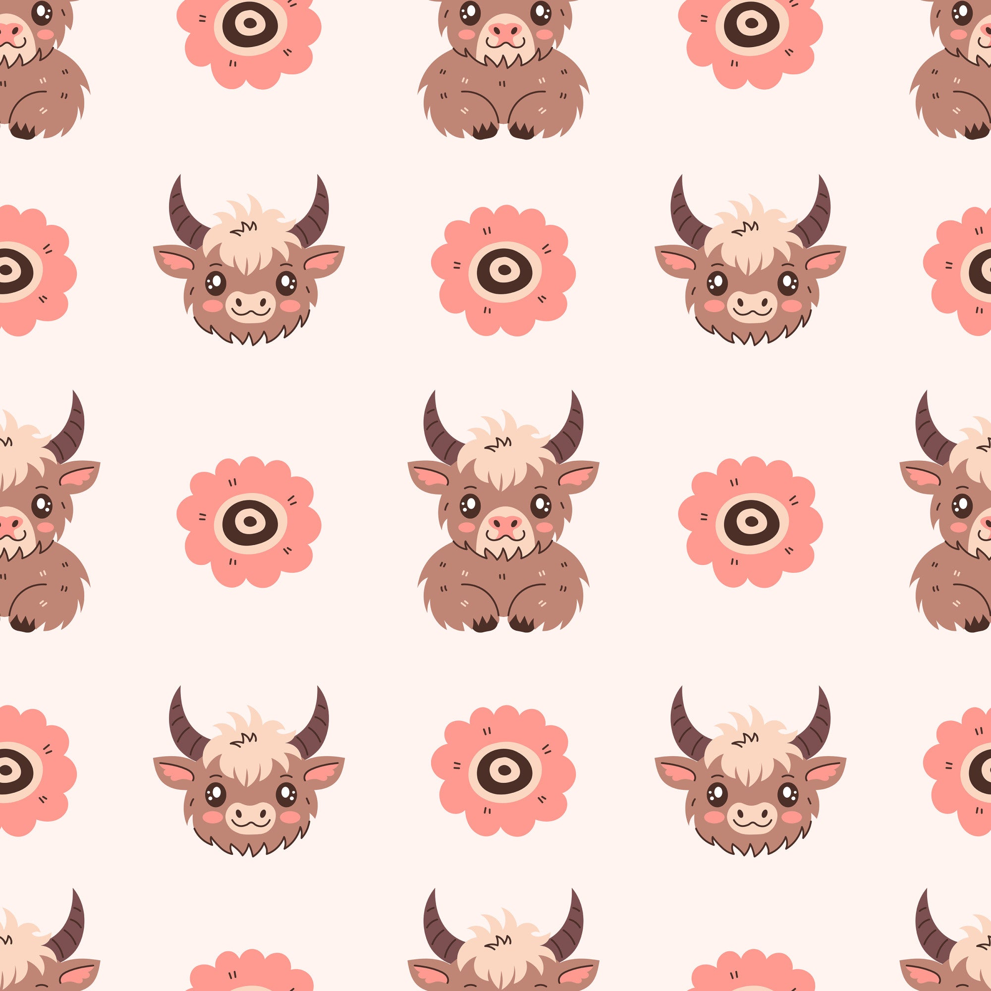 cute baby highland cows, kawaii style, brown cows, pink flowers, cream background, pastel colors, cartoon animals, adorable faces, horned cattle, repeating pattern,, fabric panel, nursery theme, farm animals, soft colors, whimsical design, child-friendly, seamless repeat, bovine characters
