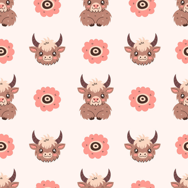 cute baby highland cows, kawaii style, brown cows, pink flowers, cream background, pastel colors, cartoon animals, adorable faces, horned cattle, repeating pattern,, fabric panel, nursery theme, farm animals, soft colors, whimsical design, child-friendly, seamless repeat, bovine characters