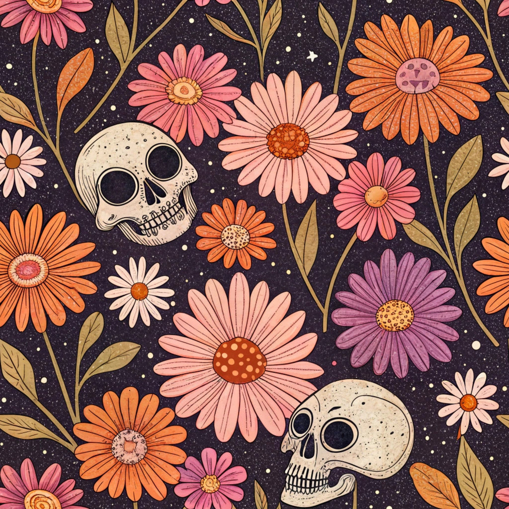 skull, daisy flowers, pink petals, orange petals, purple petals, cream petals, dark navy background, golden leaves, retro style, floral pattern, halloween theme, vintage aesthetic,, fabric panel, spooky floral, autumn colors, decorative skulls, botanical design, starry background, whimsical pattern