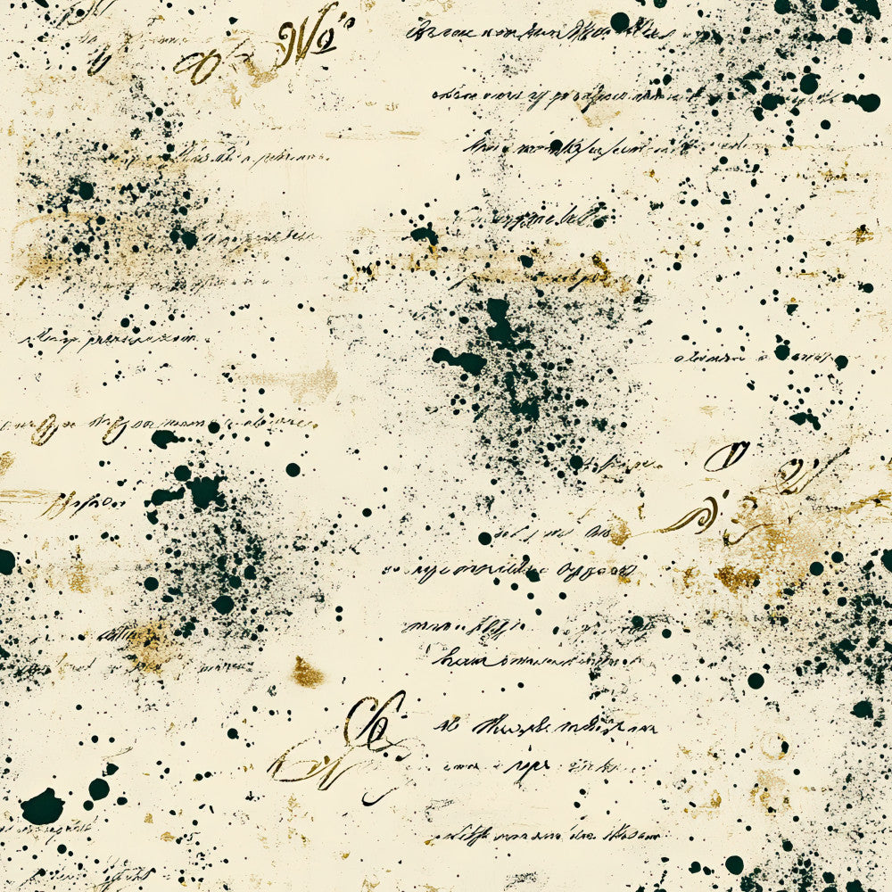 cream, ivory, dark green, forest green, ink blots, splatter, abstract, vintage, grunge, distressed, elegant, literary, manuscript, handwriting, cursive, aged paper, antique, shabby chic, eclectic, bohemian, artistic, ink splatter pattern, weathered, stained, moody, sophisticated, retro, classic, old world, ink stains