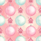 pastel pink, mint green, soft pink, pale aqua, blush pink, seafoam, christmas ornaments, holiday, festive, whimsical, gingerbread houses, winter, christmas, cute houses, decorative balls, ornament pattern, seasonal, playroom, nursery, kids room, baby, cheerful, sweet, magical, storybook, fairy tale, cottage core, winter holiday, children's, gingerbread
