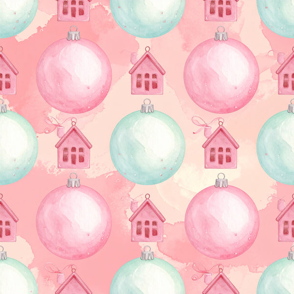 pastel pink, mint green, soft pink, pale aqua, blush pink, seafoam, christmas ornaments, holiday, festive, whimsical, gingerbread houses, winter, christmas, cute houses, decorative balls, ornament pattern, seasonal, playroom, nursery, kids room, baby, cheerful, sweet, magical, storybook, fairy tale, cottage core, winter holiday, children's, gingerbread