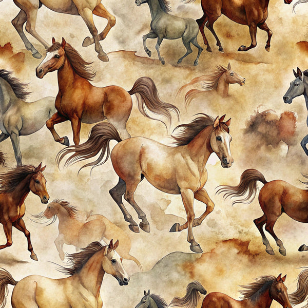 wild horses, galloping horses, brown horses, chestnut horses, gray horses, cream background, beige tones, earth tones, watercolor style, flowing manes, running horses, equestrian theme, western motif, realistic horses, seamless pattern,, fabric panel, natural colors, rustic feel, horse silhouettes