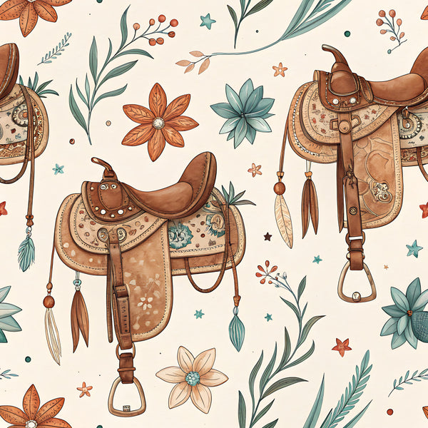 western saddle, cowboy, horseback riding, equestrian, rust orange, terracotta, teal, sage green, cream, botanical, floral, stars, feathers, whimsical, rustic, vintage, farmhouse, western theme, country style, decorative elements, nature inspired, boho, bohemian, kids room, playroom, nursery, children's decor, adventure theme, wildflowers, celestial