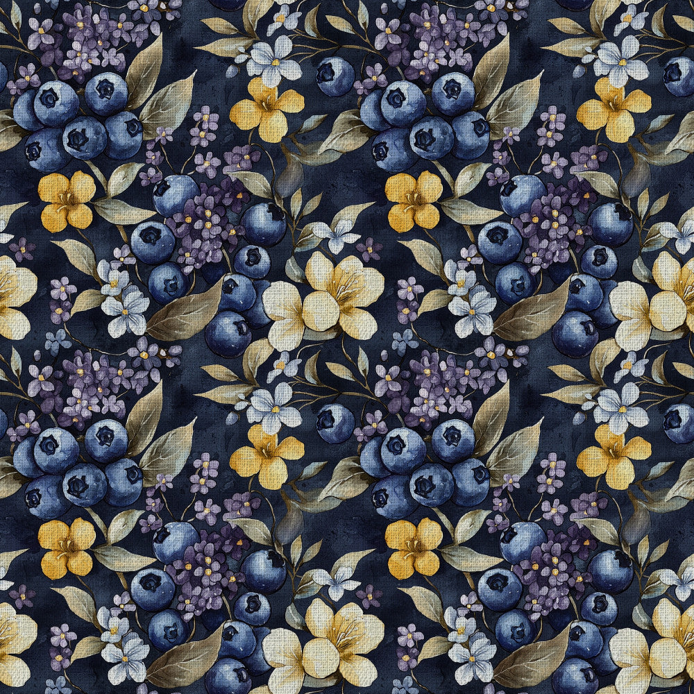 navy blue, blueberry, gold, yellow, white, cream, purple, lavender, botanical, floral, berries, blueberries, flowers, leaves, nature-inspired, vintage, elegant, garden, spring, summer, cottage core, farmhouse, traditional, whimsical, small florals, four-petal flowers, berry clusters, nursery, baby, children's