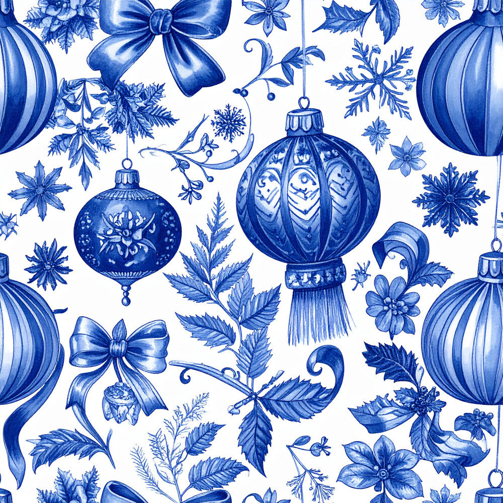 royal blue, cobalt blue, navy blue, white, blue and white, floral, toile, botanical, snowflakes, ornaments, bows, ribbons, holiday, christmas, winter, elegant, traditional, vintage, festive, decorative, damask, ornamental, classic, delicate, nature, leaves, flowers, formal, sophisticated, seasonal
