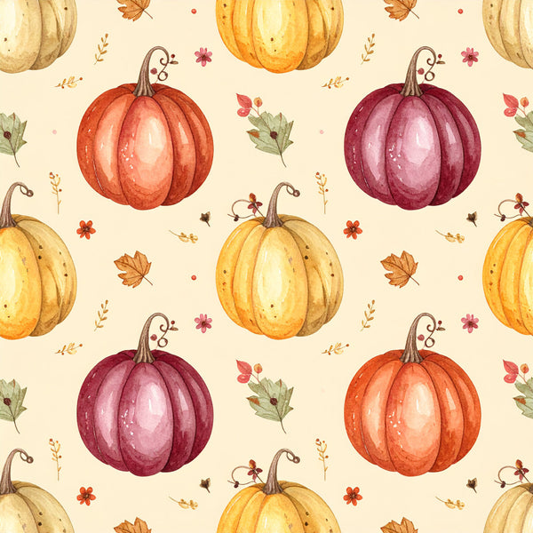 autumn pumpkins, fall harvest, pumpkin patch, cream background, burnt orange, golden yellow, deep burgundy, wine red, coral orange, cream, beige, watercolor pumpkins, botanical, nature, autumn leaves, maple leaves, fall flowers, rustic, whimsical, farmhouse, harvest theme, seasonal, autumn decor, thanksgiving, fall festival, baby nursery, kids room, toddler, decorative illustration, hand-painted style