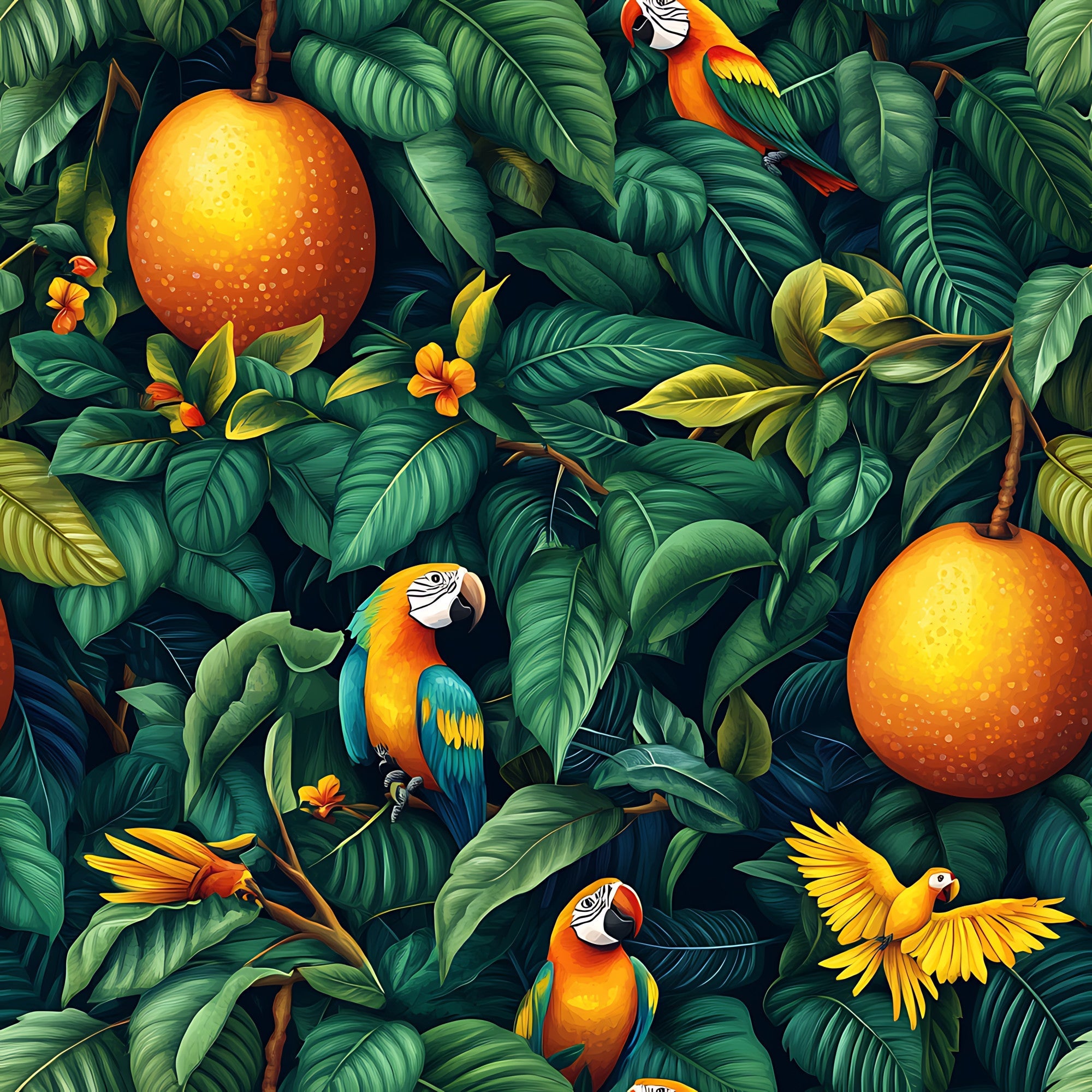 tropical pattern, parrots, macaws, orange mangoes, lush foliage, green leaves, vibrant orange, teal blue, yellow accents, jungle scene, exotic birds, tropical fruits,, fabric panel, botanical design, rainforest theme, colorful wildlife, nature motif, tropical paradise, seamless repeat