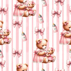 pink, white, teddy bears, baby bottles, bows, striped background, nursery theme, cute animals, pastel colors,, fabric panel, baby girl, soft pink, repeating pattern, children's fabric, kawaii style, baby shower, infant theme, maternal, adorable bears