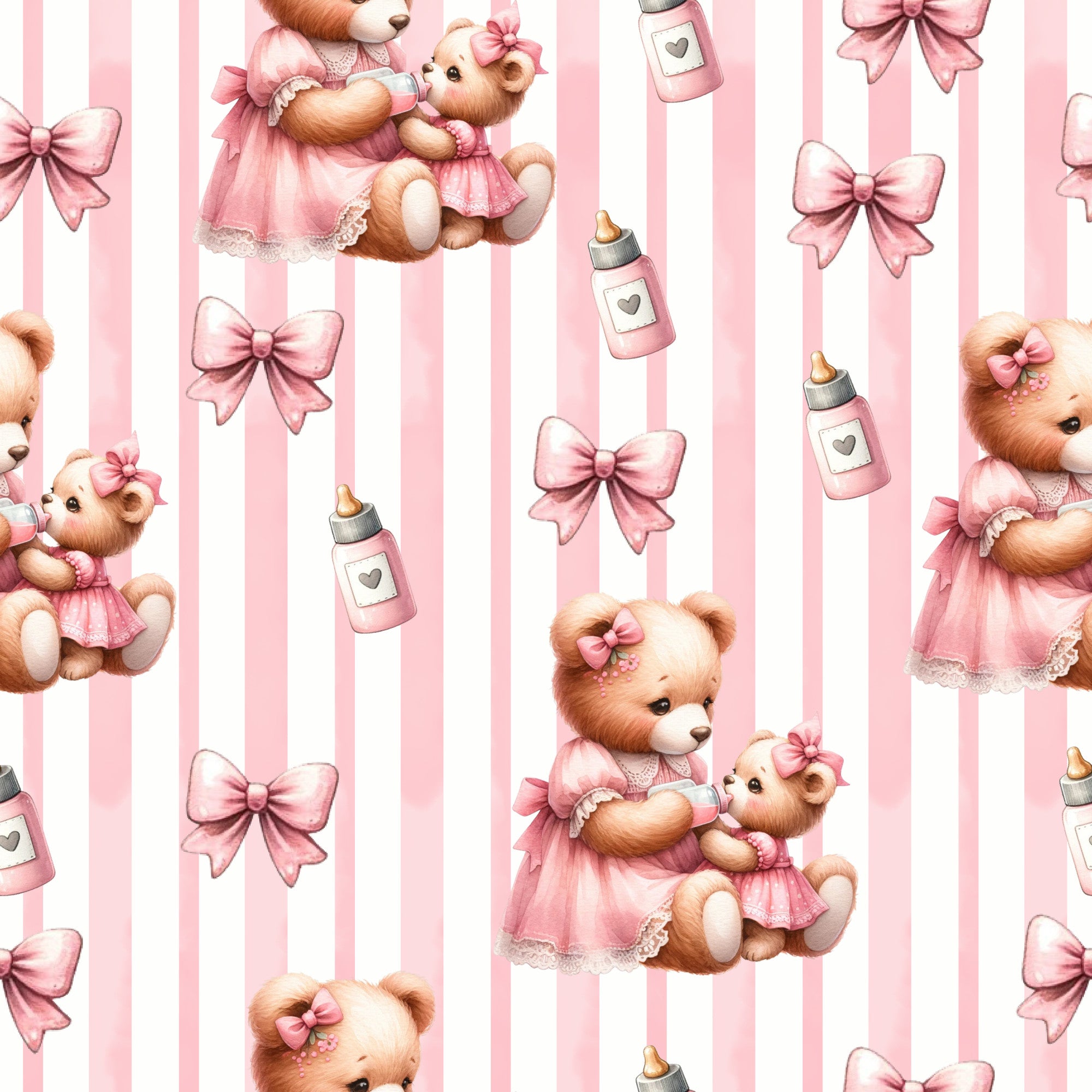 pink, white, teddy bears, baby bottles, bows, striped background, nursery theme, cute animals, pastel colors,, fabric panel, baby girl, soft pink, repeating pattern, children's fabric, kawaii style, baby shower, infant theme, maternal, adorable bears