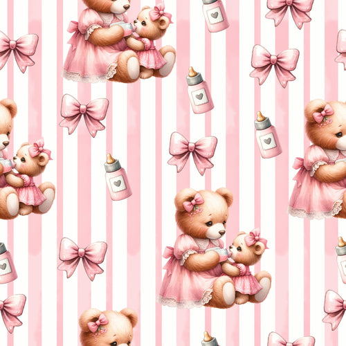 pink, white, teddy bears, baby bottles, bows, striped background, nursery theme, cute animals, pastel colors,, fabric panel, baby girl, soft pink, repeating pattern, children's fabric, kawaii style, baby shower, infant theme, maternal, adorable bears