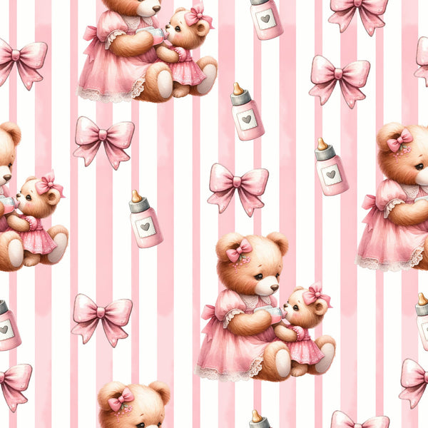 pink, white, teddy bears, baby bottles, bows, striped background, nursery theme, cute animals, pastel colors,, fabric panel, baby girl, soft pink, repeating pattern, children's fabric, kawaii style, baby shower, infant theme, maternal, adorable bears