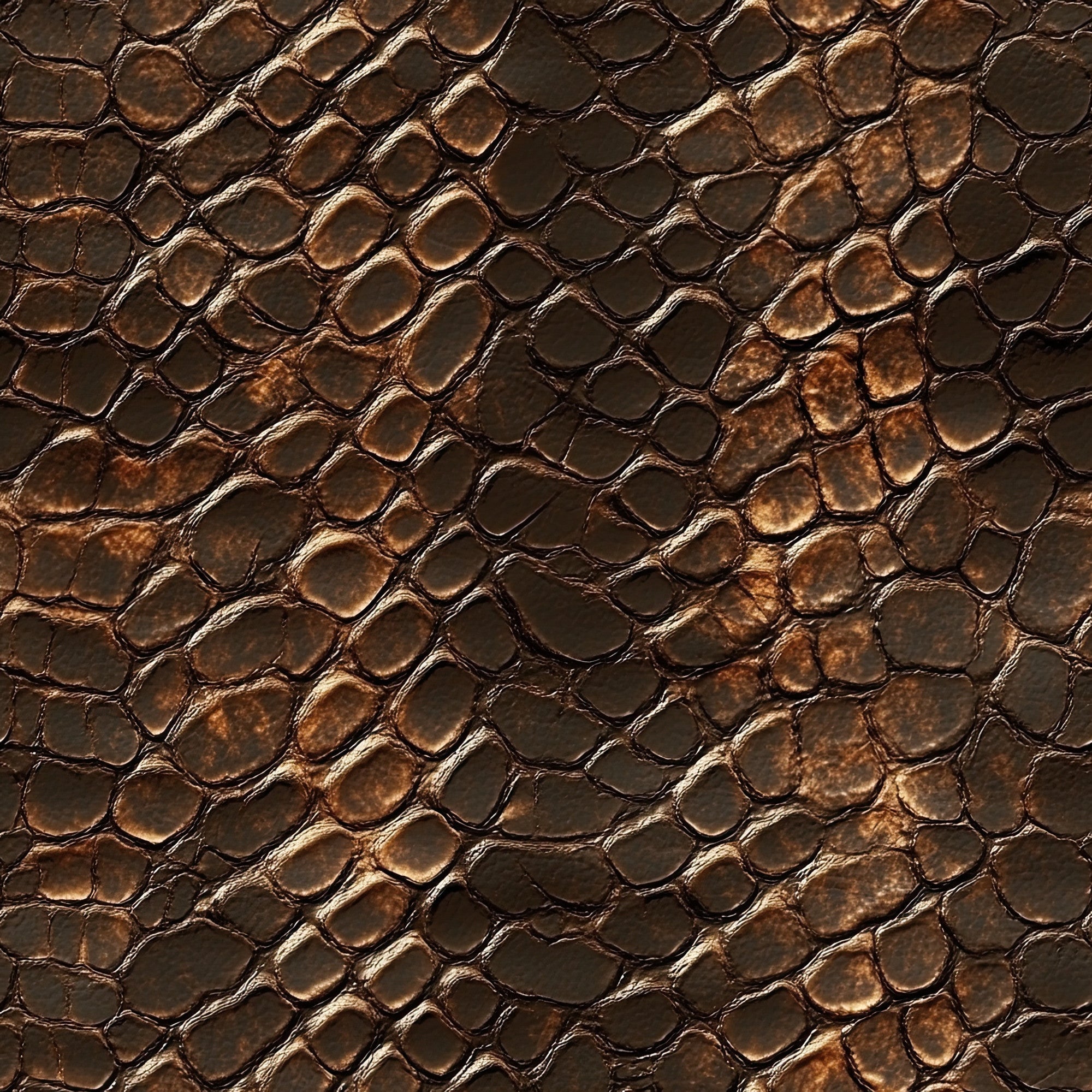 snake skin, reptile scales, brown tones, copper highlights, bronze coloring, earth tones, animal print, textured pattern, natural texture, leather-like appearance, geometric scales,, fabric panel, western theme, rustic pattern, organic shapes, dimensional texture, wilderness motif