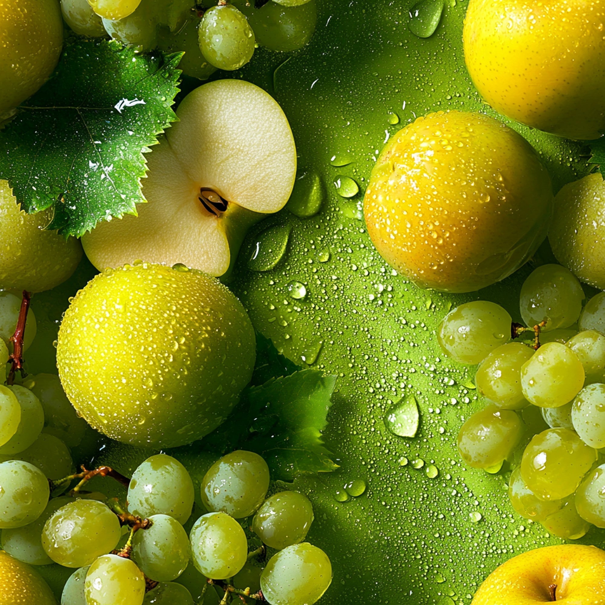 fresh fruits, green grapes, yellow lemons, lime green, apple slices, water droplets, realistic photography, vibrant colors,, fabric panel, citrus fruits, botanical design, food pattern, wet surface, nature inspired, bright yellow, emerald green, fruit medley, kitchen theme, summer harvest
