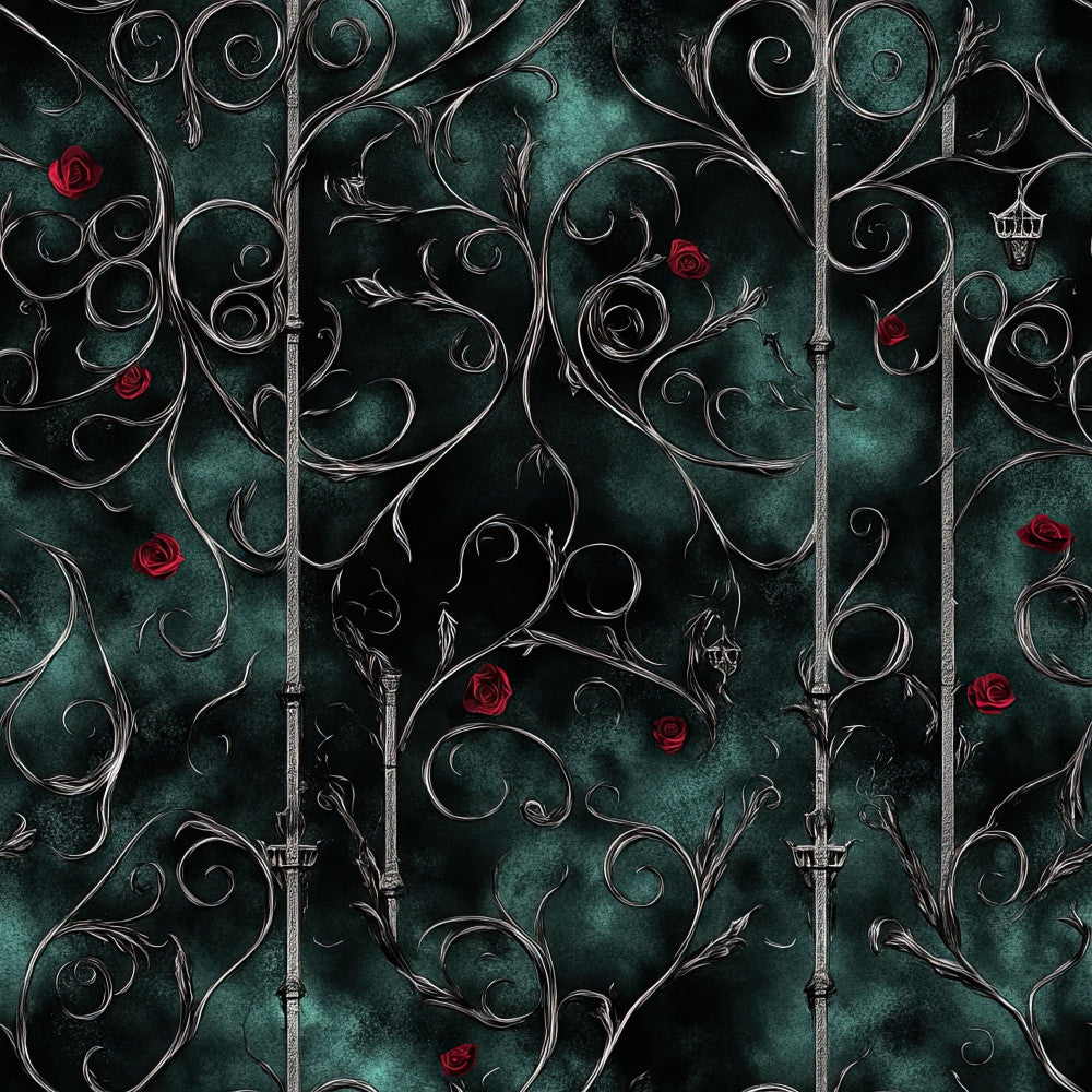 forest green, teal, deep emerald, burgundy red, rose red, ornate scrollwork, floral, roses, vintage, gothic, elegant, romantic, dark academia, moody, traditional, ornamental, decorative, wrought iron, botanical, classic, luxe, sophisticated, dramatic, medieval, damask-inspired, jewel tones, dark romance, victorian, whimsical darkness, throw blanket