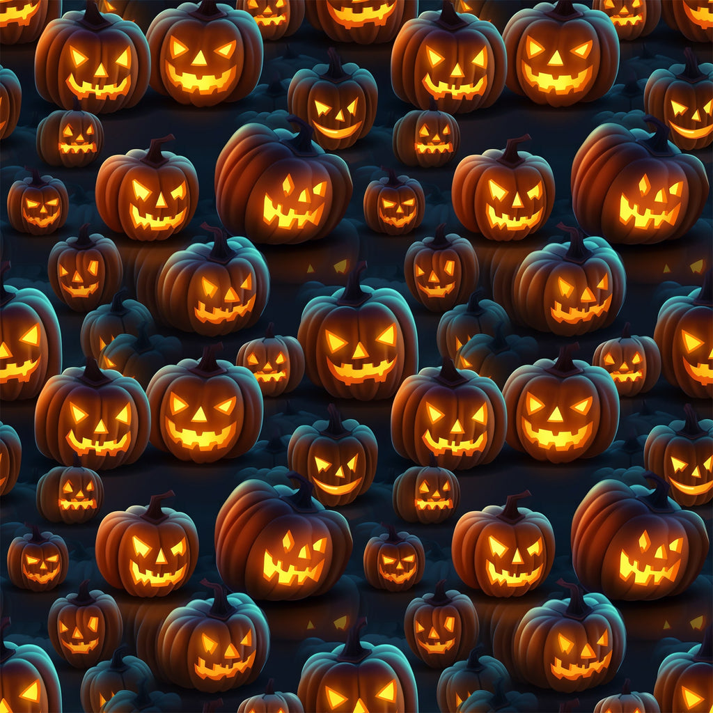 halloween fabric, jack-o'-lanterns, carved pumpkins, orange glow, glowing faces, spooky expressions, dark navy background, orange illumination, yellow light, seamless pattern,, halloween motif, autumn theme, trick or treat, pumpkin patch, eerie atmosphere, seasonal fabric, craft material, sewing panel, halloween decor