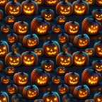 halloween fabric, jack-o'-lanterns, carved pumpkins, orange glow, glowing faces, spooky expressions, dark navy background, orange illumination, yellow light, seamless pattern,, halloween motif, autumn theme, trick or treat, pumpkin patch, eerie atmosphere, seasonal fabric, craft material, sewing panel, halloween decor