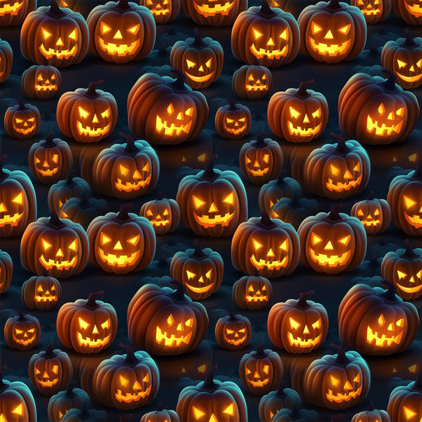 halloween fabric, jack-o'-lanterns, carved pumpkins, orange glow, glowing faces, spooky expressions, dark navy background, orange illumination, yellow light, seamless pattern,, halloween motif, autumn theme, trick or treat, pumpkin patch, eerie atmosphere, seasonal fabric, craft material, sewing panel, halloween decor