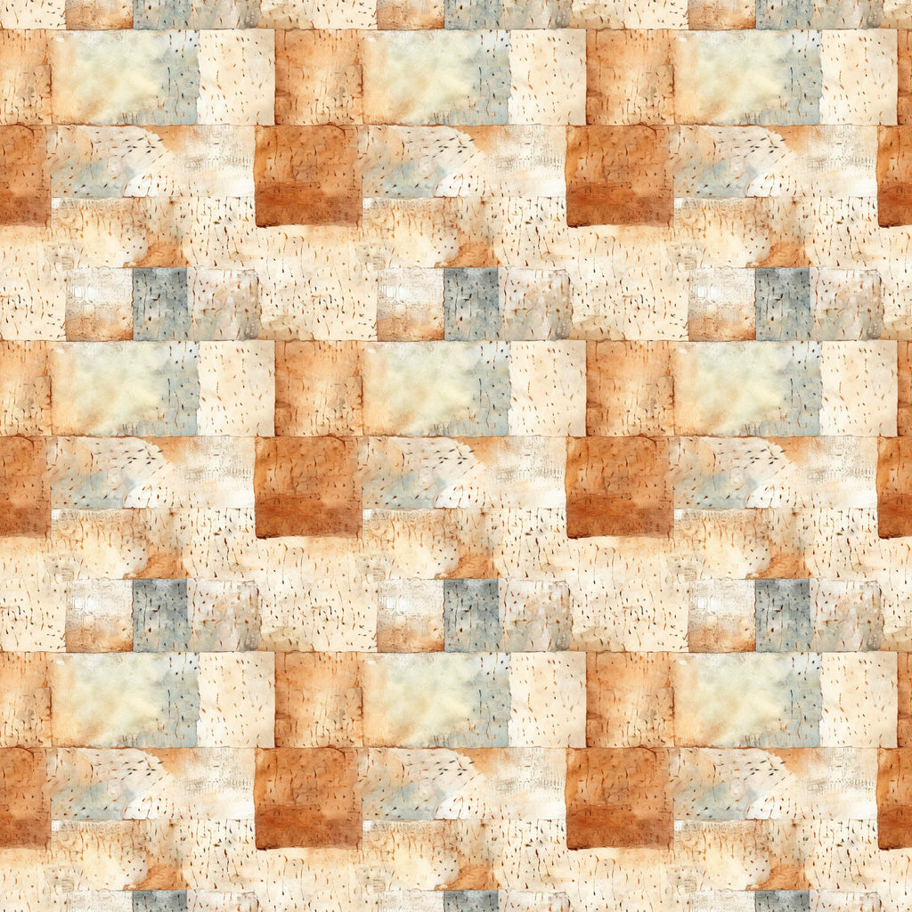 shabby chic, rustic, weathered texture, cream, beige, terracotta, sage green, dusty blue, burnt orange, patchwork blocks, distressed finish, vintage style, aged appearance,, fabric panel, neutral tones, earthy palette, cottage core, farmhouse aesthetic, textured squares