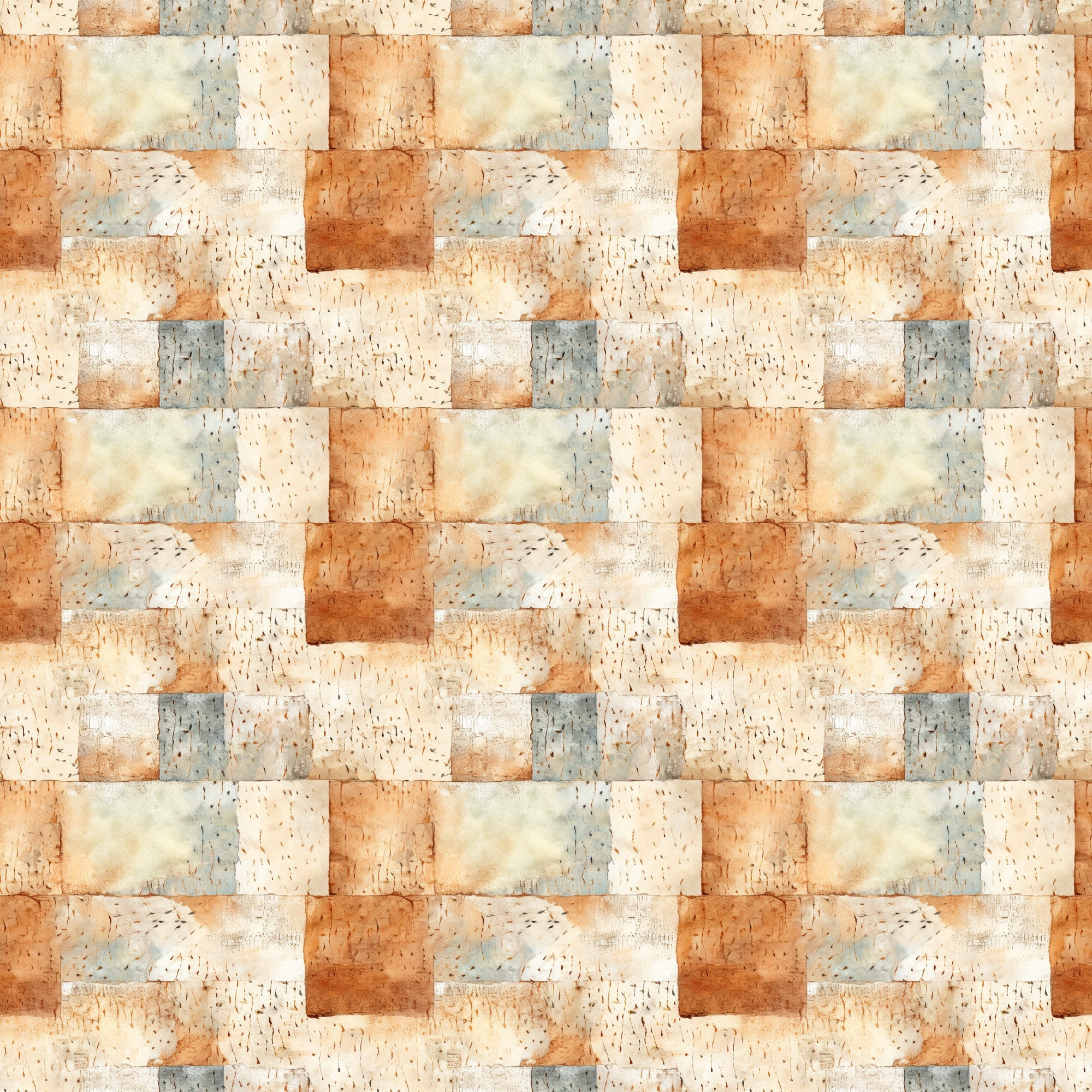 shabby chic, rustic, weathered texture, cream, beige, terracotta, sage green, dusty blue, burnt orange, patchwork blocks, distressed finish, vintage style, aged appearance,, fabric panel, neutral tones, earthy palette, cottage core, farmhouse aesthetic, textured squares