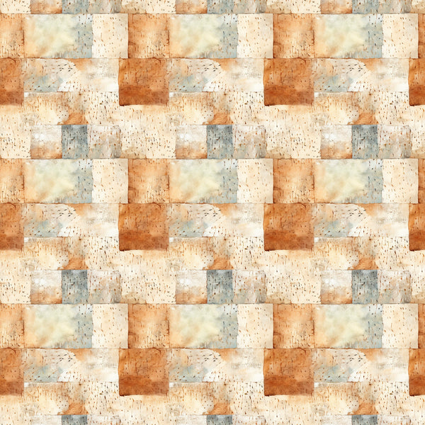 shabby chic, rustic, weathered texture, cream, beige, terracotta, sage green, dusty blue, burnt orange, patchwork blocks, distressed finish, vintage style, aged appearance,, fabric panel, neutral tones, earthy palette, cottage core, farmhouse aesthetic, textured squares