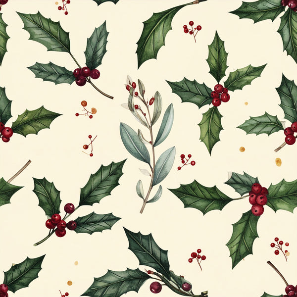 holly leaves, red berries, cream background, forest green, deep burgundy, gold accents, botanical, floral, nature, holiday, christmas, winter, traditional, elegant, festive, berry clusters, spiky leaves, evergreen, seasonal, vintage botanical, natural, timeless, decorative, garden theme, classic holiday, red and green, rustic elegant, botanical illustration