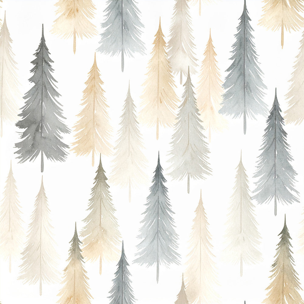 forest green, sage green, cream, beige, tan, taupe, watercolor trees, coniferous trees, pine trees, evergreen forest, nature, woodland, winter, christmas, holiday, rustic, whimsical, soft, gentle, modern, nature-inspired, forest scene, minimalist, calm, serene, nursery, kids room, baby shower, nature lover