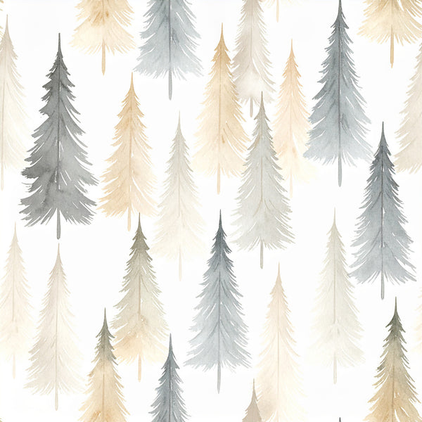 forest green, sage green, cream, beige, tan, taupe, watercolor trees, coniferous trees, pine trees, evergreen forest, nature, woodland, winter, christmas, holiday, rustic, whimsical, soft, gentle, modern, nature-inspired, forest scene, minimalist, calm, serene, nursery, kids room, baby shower, nature lover